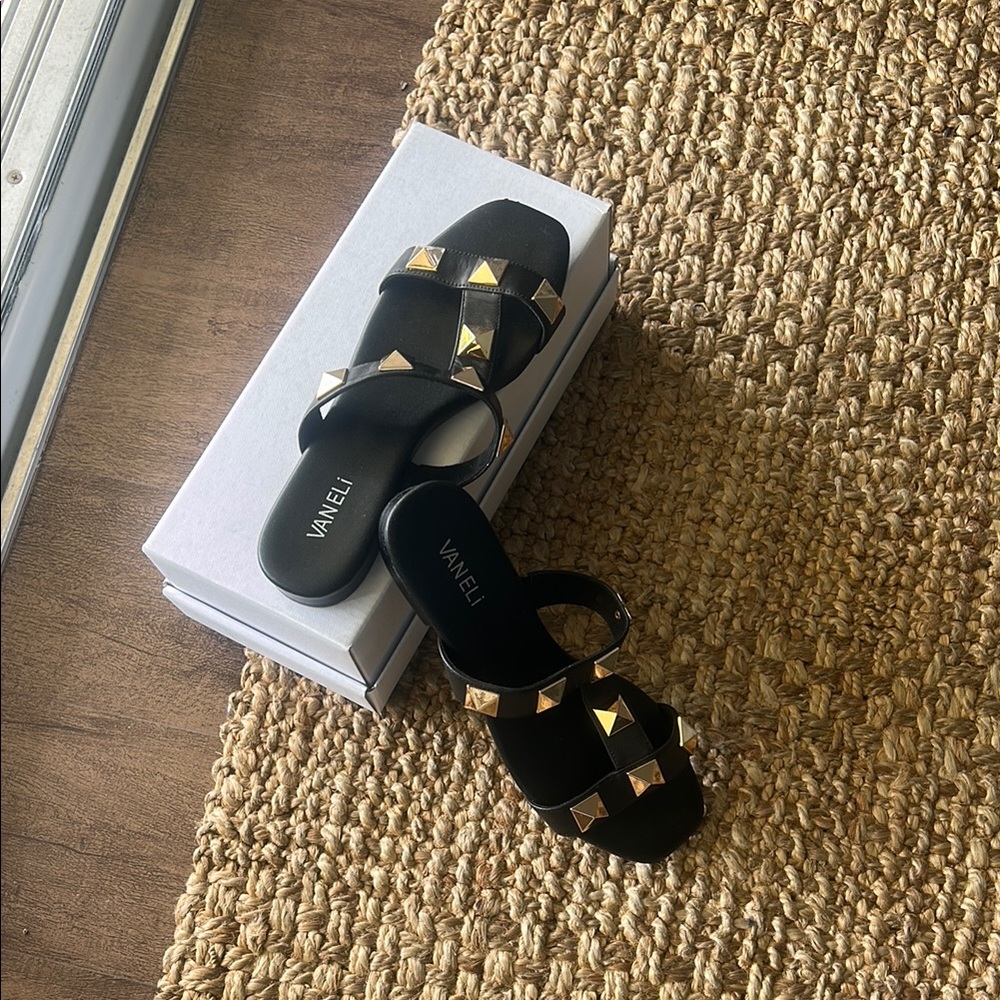 Vaneli Black Sandals with Gold Studs